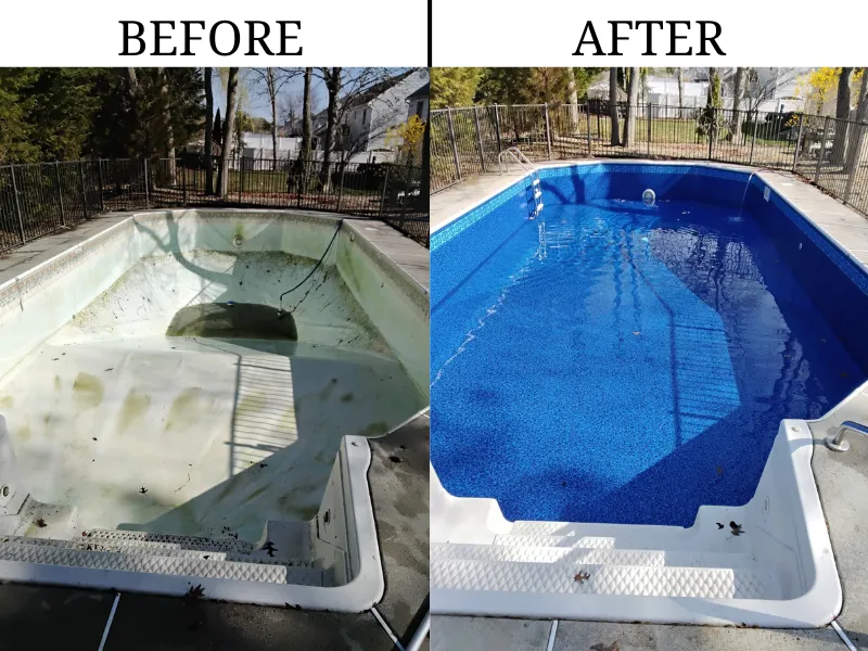Side-by-side images show a pool before and after renovation; the left side is empty and dirty, the right side is clean, filled with water, and has a blue liner.