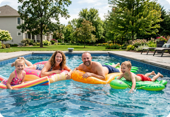 Two adults and two children are smiling and lying on pool floats in an outdoor swimming pool on a sunny day, with trees and a house in the background.
