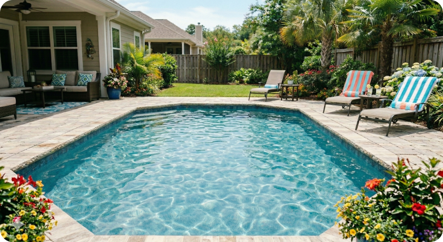 A backyard features a rectangular swimming pool surrounded by pavers, lounge chairs with striped towels, patio furniture, and lush landscaping.